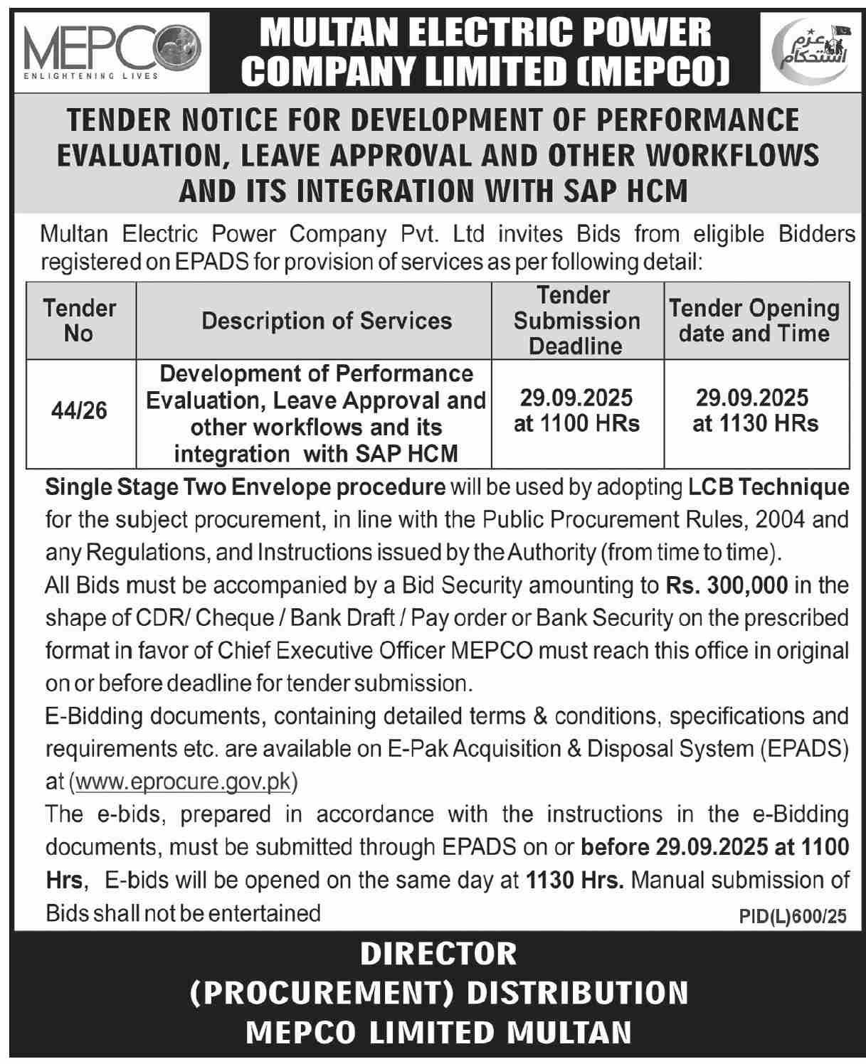 Multan Electric Power Company Limited Tender Notice